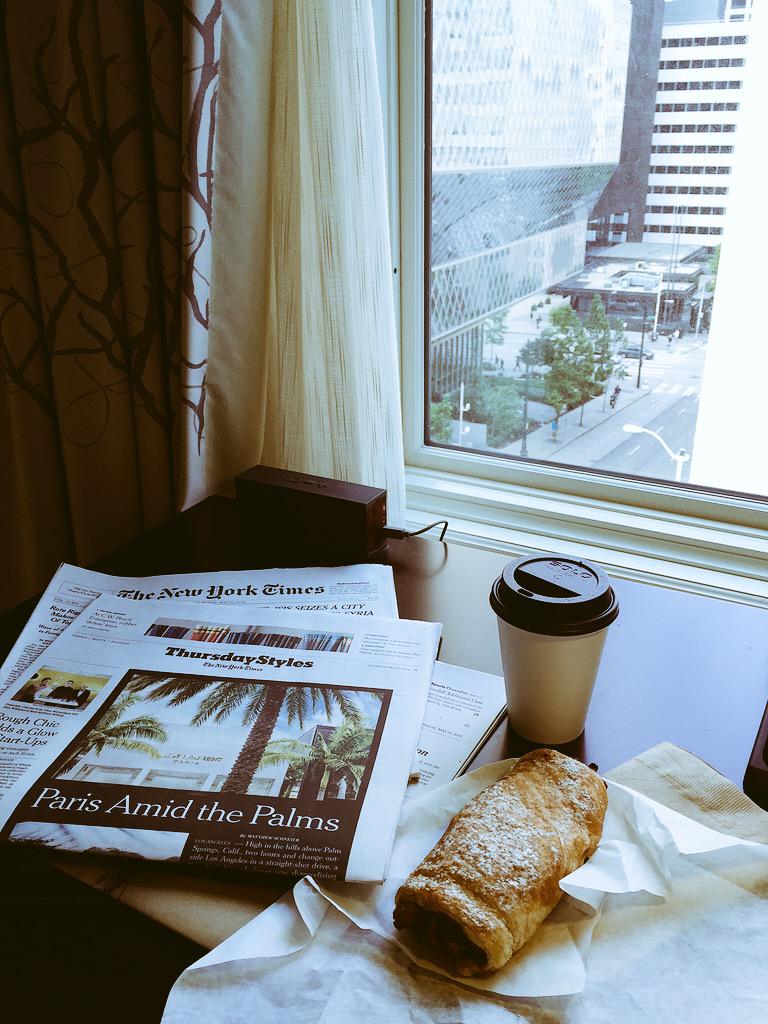 sctosf's tweet photo. Perks of bus. travel. PJs, @nytimes, cafe au lait, &amp; apple crostata at 8:40am on a Thursday #hotelvintage @KimptonSEA http://t.co/aQB42gwBxU