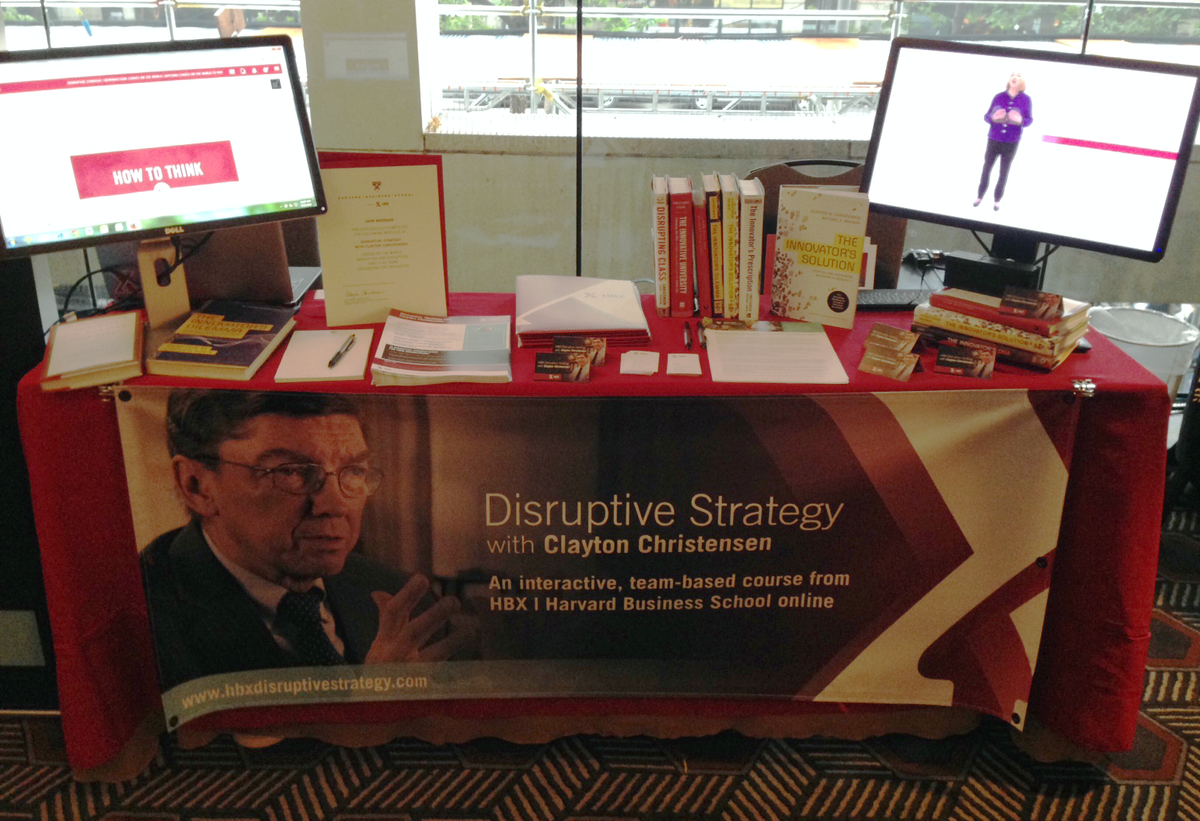 online_HBS's tweet photo. The HBX booth is all set up at #StrategySF! Stop by to learn more about @claychristensen's online strategy course. http://t.co/6k4bh62ALO
