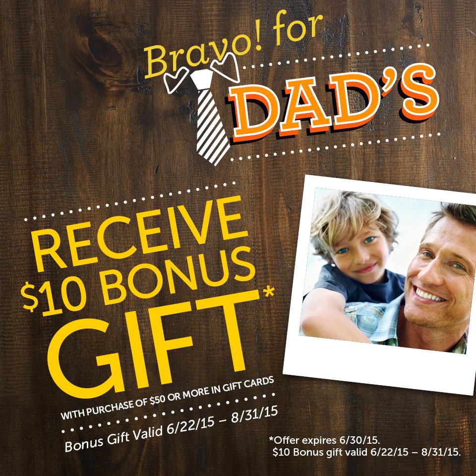 Celebrate dad this #FathersDay with <a href="/Bravo_Italian/">Bravo! Italian Kitchen</a>! From brunch to dinner, bonus gift cards &amp; more.