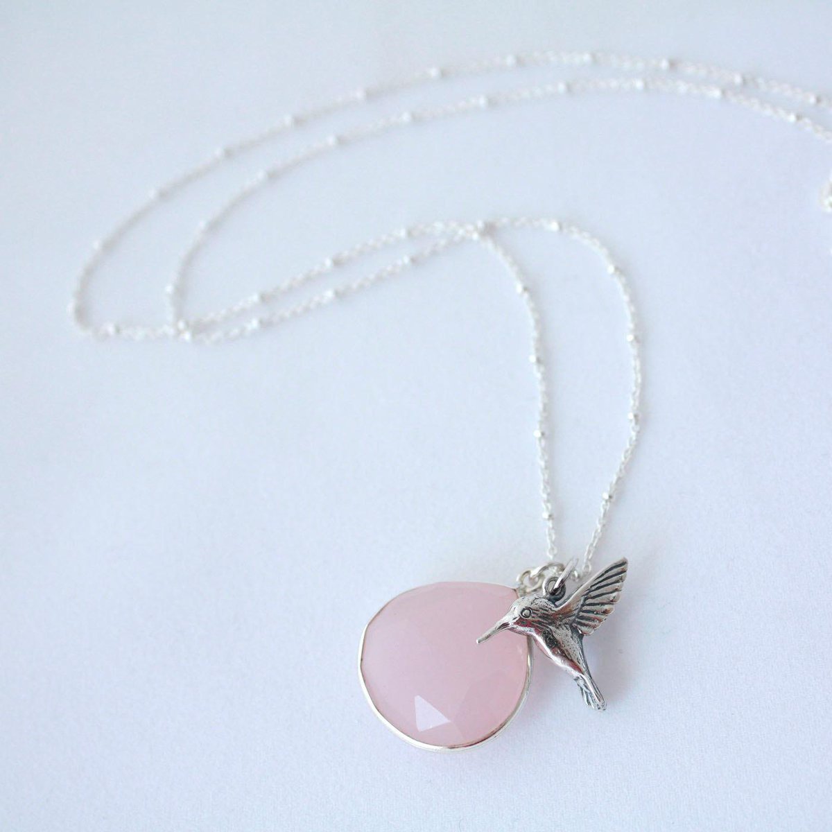 Hummingbird Necklace, Sterling Silver Charm, Rose Quartz Gemstone etsy.me/1EO0dqY #Etsy #HummingbirdNecklace