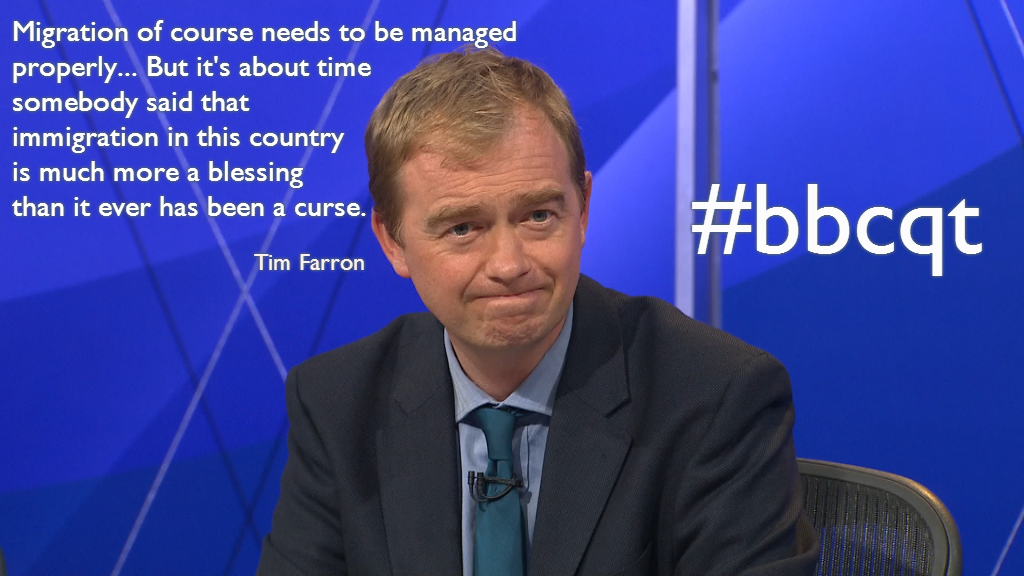 bbcquestiontime's tweet photo. .@timfarron thinks that the discourse around immigration in the UK is too negative. #bbcqt http://t.co/GQdINQQG41