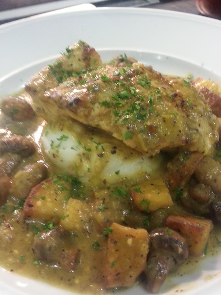 Mako shark in a tomatillo coconut sauce and fried yuca