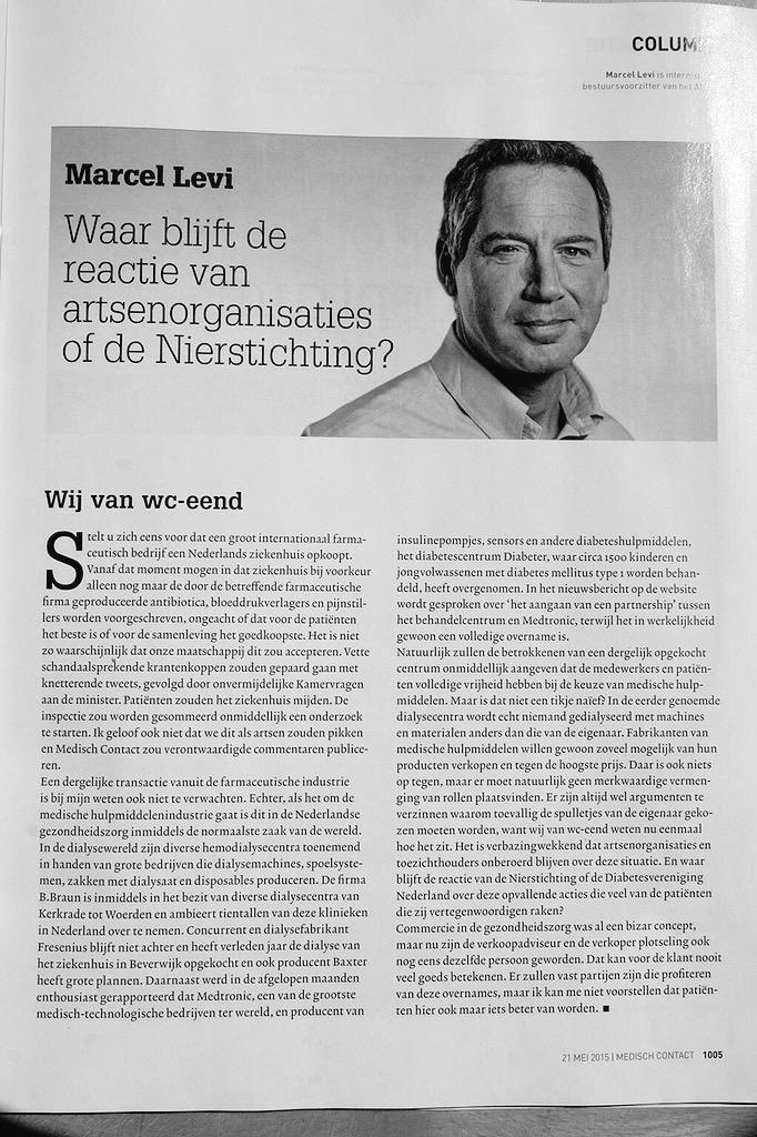Marcel Levi (AMC) daagt/vraagt reactie van de Nierstichting.