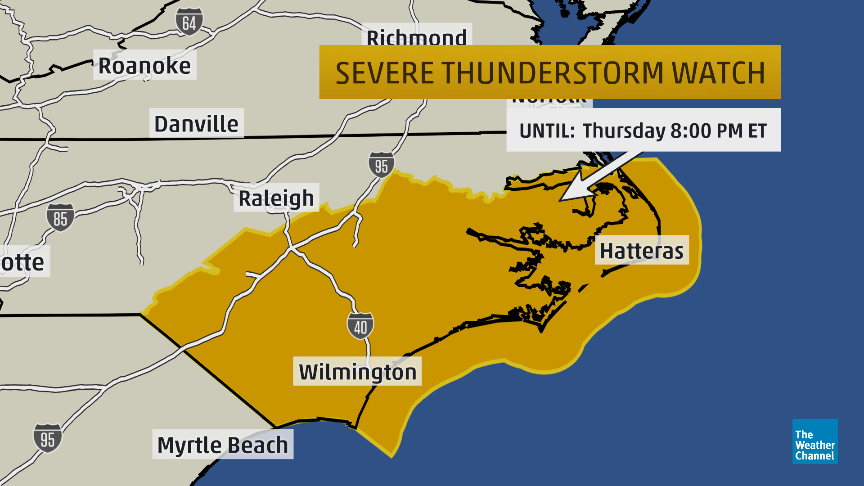 weatherchannel's tweet image. #Severe T-storm Watch for Eastern #NorthCarolina until 8p ET. 70 mph #wind gusts, #hail &amp;amp; #tornadoes possible. #NCwx