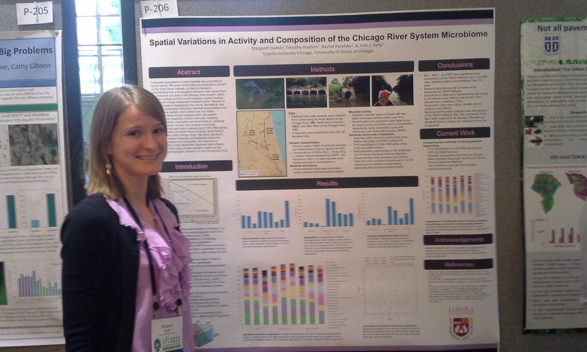 microecolab's tweet photo. Kelly Lab student Maggie Sladek presented a poster on her work on the Chicago River microbiome at #2015SFS http://t.co/jqQEnNcz5H