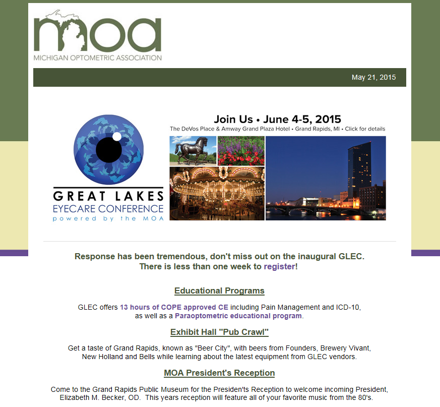MichOptometrist's tweet photo. There is less than one week to register for @SpringGLEC.  Register today at http://t.co/K7xjwswLc7.  #GLEC2015 http://t.co/FsAEfNoMbf