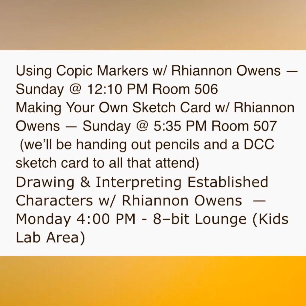 RhiannonDrewIt's tweet image. Panel schedule @DenverComicCon #copictutorial #sketchcards #tradingcards #artdemo #demo #DCC2015 #DenverComicCon #art