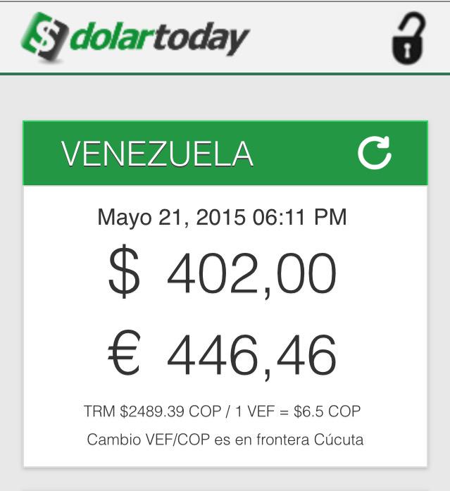 VEzara's tweet photo. @VEzara: May 21, 2015 el $ cotiza a BsF. 402,00 y el € a BsF. 446,46 via @DolarToday https://t.co/6Xo3fM8j0D http://t.co/5trXWHoj7H
