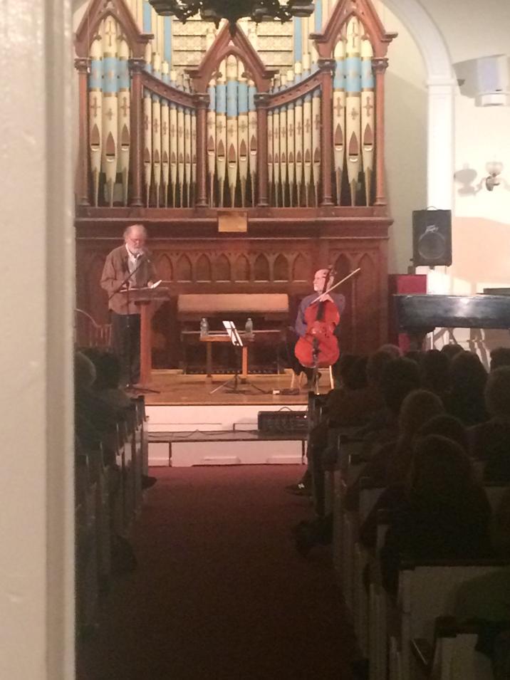 BackPagesBooks's tweet image. Just past the door, Coleman Barks reading #Rumi with Eugene Friesen, Follen Church, Lexington, Mass.