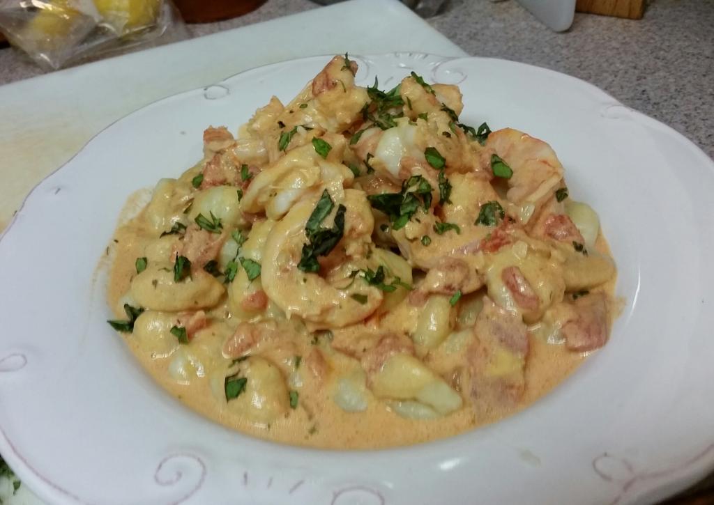 Bootstrapfood's tweet image. Jumbo Shrimp in a vodka tomato cream sauce with fresh basil over gnocchi. These shrimp are like lobster.