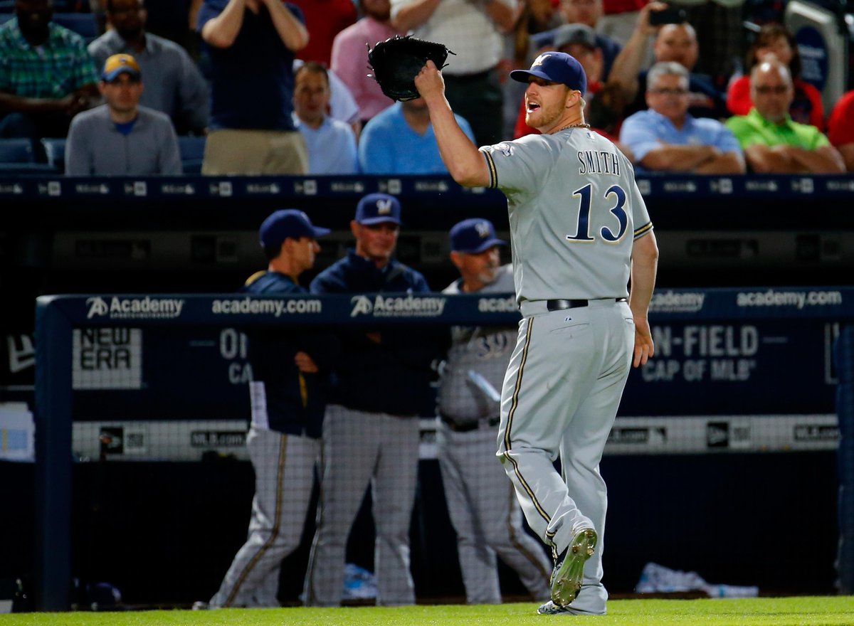 SportsCenter's tweet photo. Brewers RP Will Smith is ejected in 7th inning vs Braves for having foreign substance on arm. http://t.co/5MH9HEx1Ym