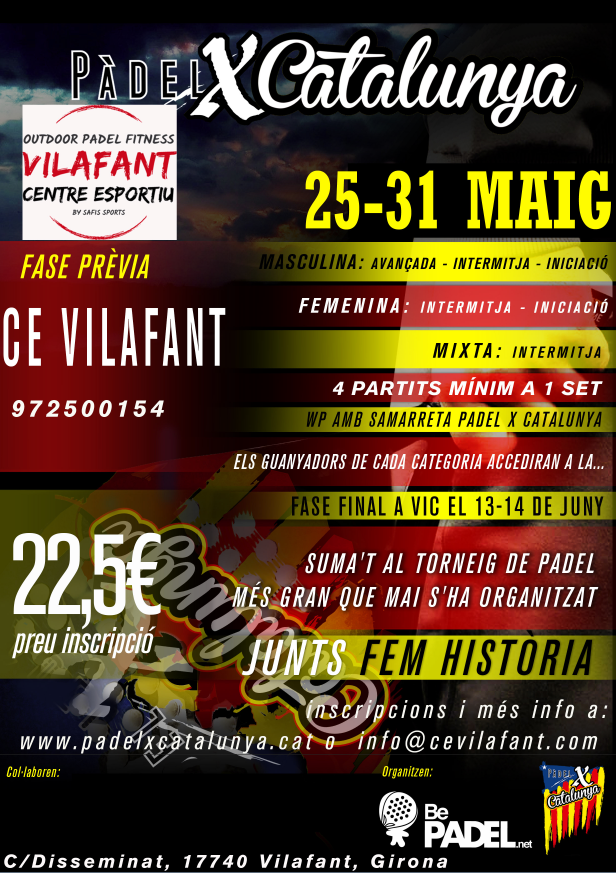 Bon dia!Encara ets a temps d'inscriure't al #Torneig de #Padel X #Catalunya JUNTS FAREM HISTÒRIA! #Vilafant #Figueres