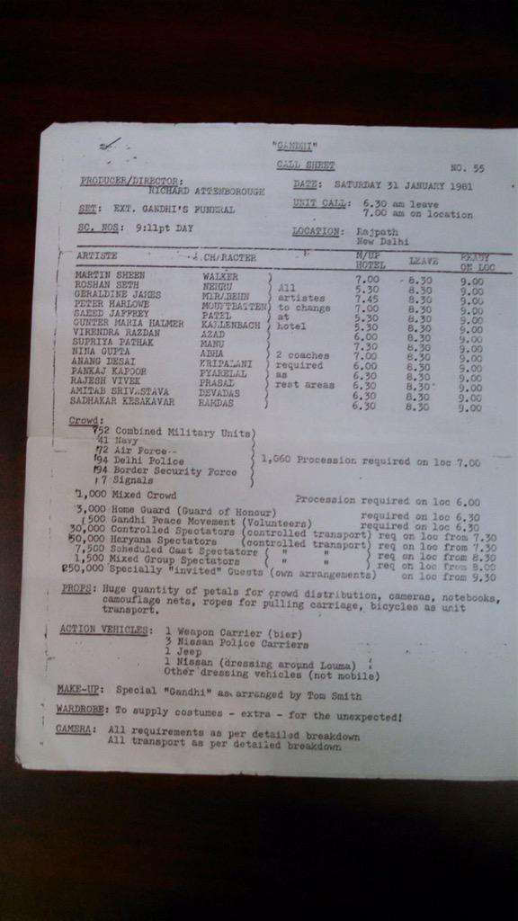 Akshay0beroi's tweet photo. A Call Sheet from Richard Attenborough's Gandhi. Amazing to look at stuff like this. #Epicfilmmaking http://t.co/IC9V2ITGkV