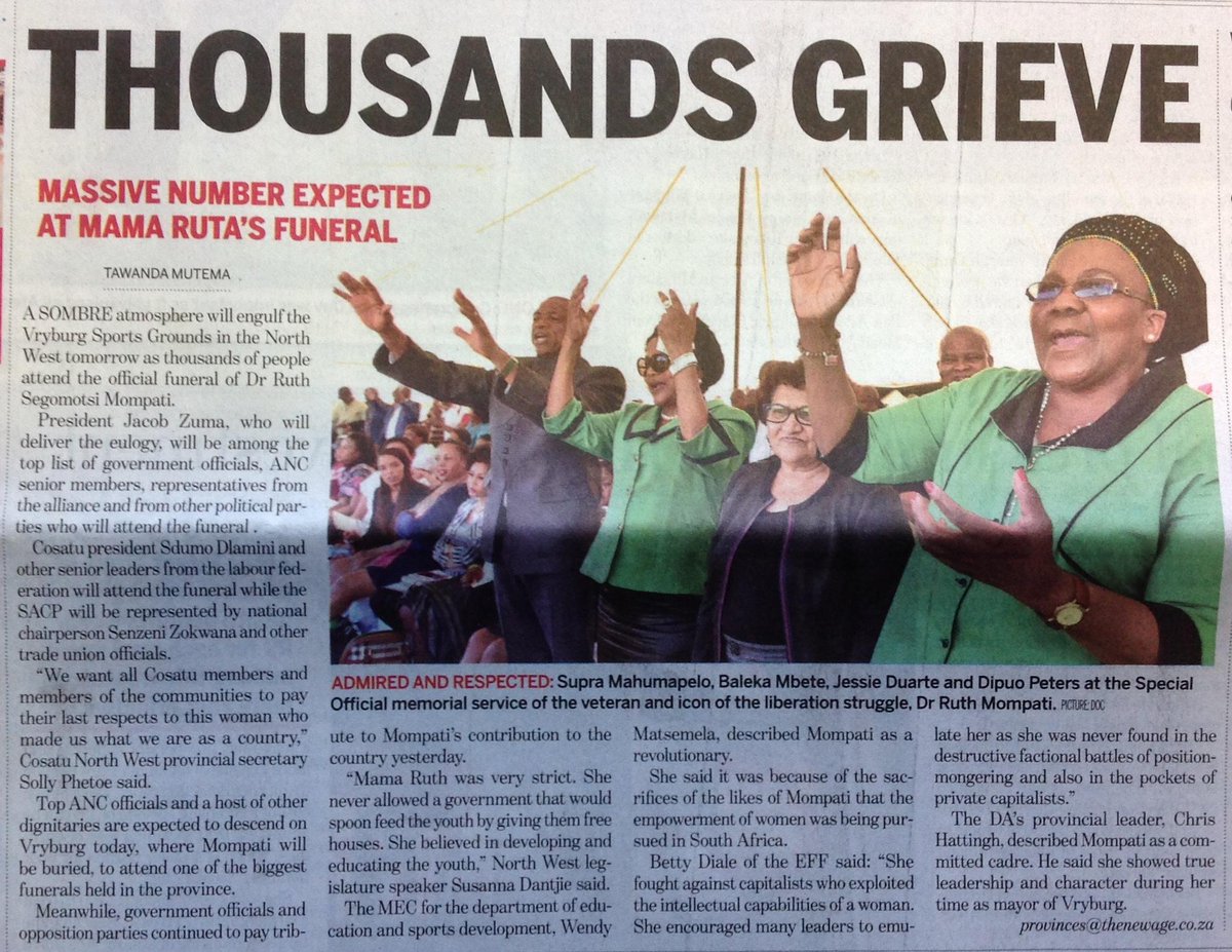 MahikengLM's tweet photo. ‘THOUSANDS GRIEVE’ Pg1 @The_New_Age #RIPRuthMompati @PresidencyZA @GovernmentZA @NWPLegislature @MyANC_ http://t.co/OGrWJKUU1t