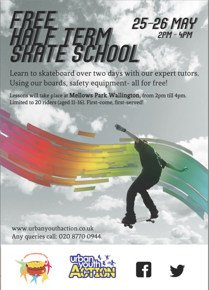 UYA_London's tweet photo. FREE half term skateboarding lessons! 25-26th of May at Mellows Park skate park 2-4pm! http://t.co/ywLnENCVNG
