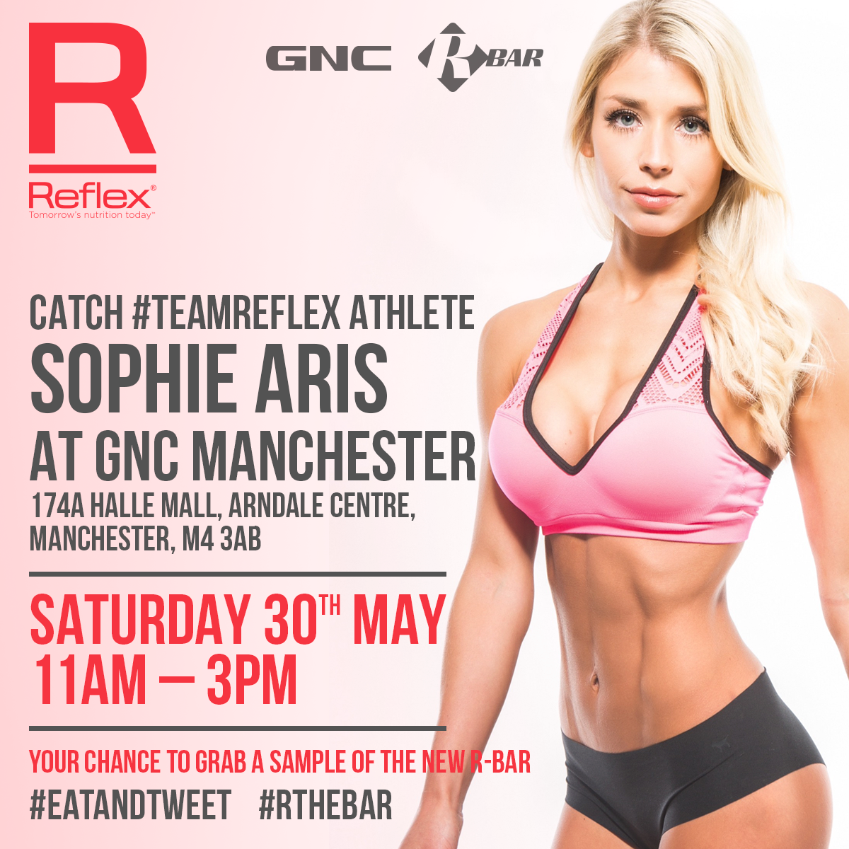 ReflexRBar's tweet photo. Did you miss us at @BodyPowerExpo ? Catch #TeamReflex Sophie Aris @ManchesterGNC 30/05/15 + try our R-Bars #RtheBar http://t.co/3irRSpzBQG