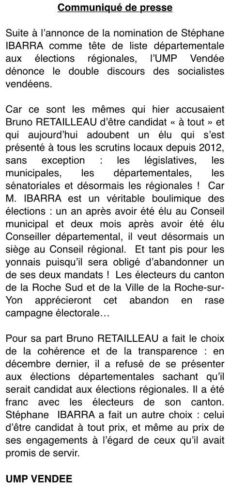 Retailleau_Actu's tweet photo. Investiture de @StIbarra (PS) en Vendée, l'@umpvendee dénonce le double discours du @partisocialiste http://t.co/j0DRrhXMZS