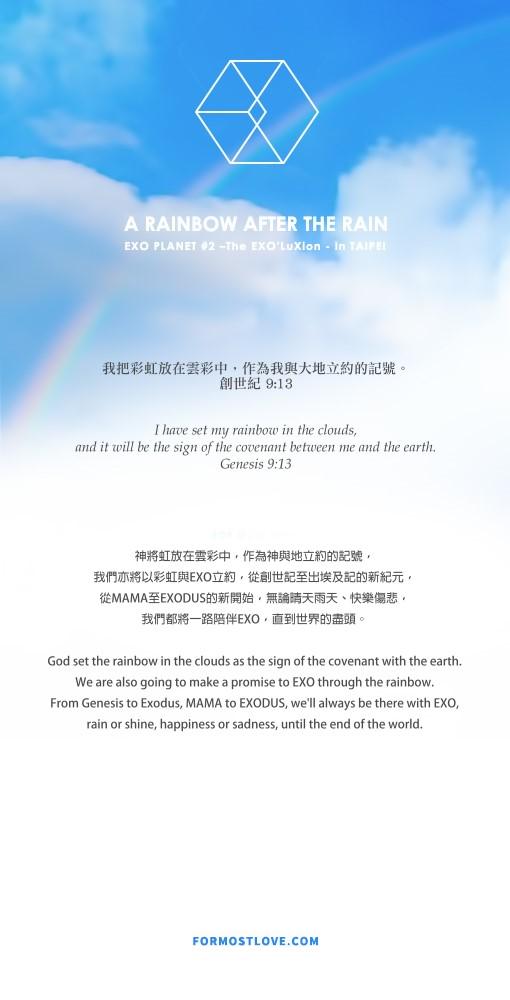 FORMOSTLOVE_TW's tweet photo. A RAINBOW AFTER THE RAIN / EXO PLANET #2 –The EXO’LuXion - in TAIPEI 🌈 FOR 150612-13 EXO TAIWAN CONCERT!! 많이 기대해 주세요! http://t.co/zgCQBLhIS1