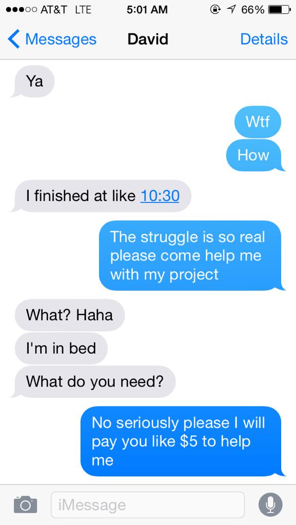 davidunchained's tweet photo. When @davschaef7 finishes his Econ project at 10:30 and its 5 am and I'm still working #godblessecon #goingstrong http://t.co/3WX07aDxbR