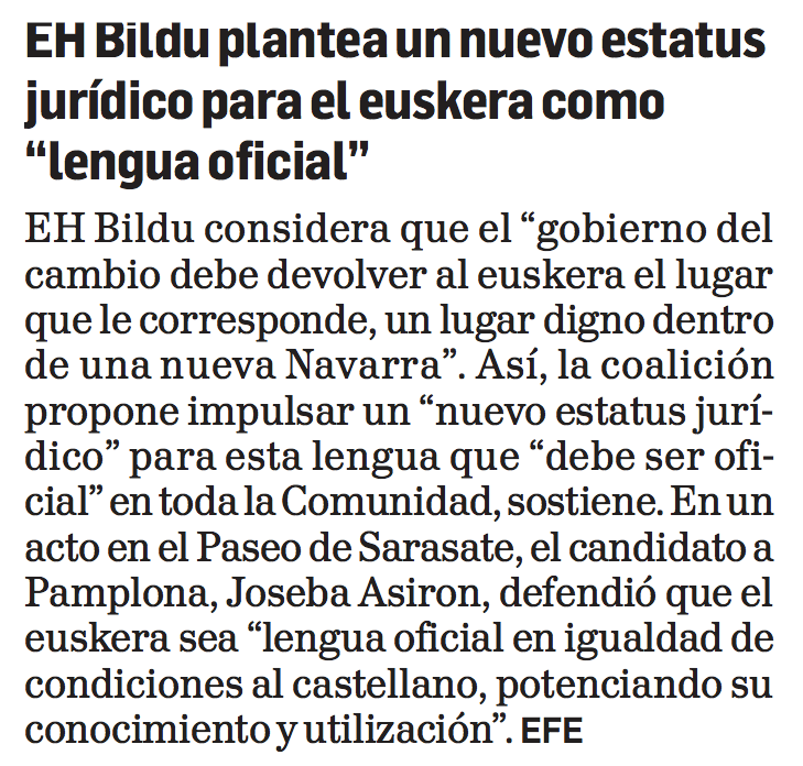 ehbilduirunea's tweet photo. "EHBildu plantea un nuevo estatus jurídico para el euskera como lengua oficial" en @DiariodeNavarra #IruñeaO2 http://t.co/s1MwCctUFF