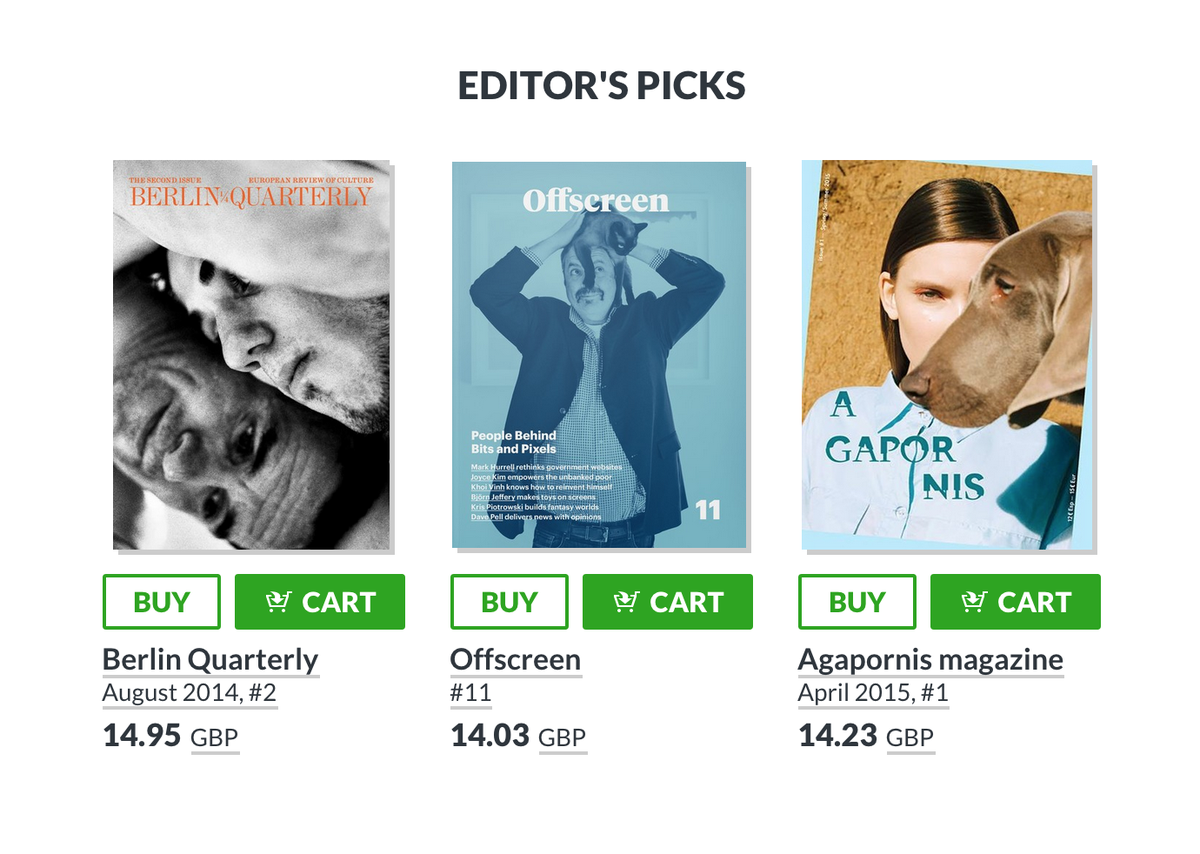 MagpileStore's tweet photo. New Editors' Picks! @offscreenmag @AgapornisMag @BerlinQuarterly.

—http://t.co/r1wmZeTjAH

(prices include postage) http://t.co/gBNKJWw8WU