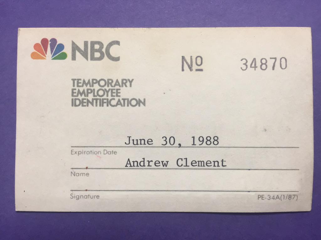 TBT, my NBC I.D. from the David Letterman show among others. No photos from those days, good memories. Thanks Dave.