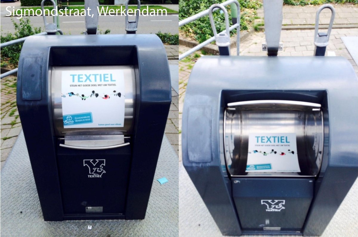 Duidelijke stickers op #kledingcontainer #Werkendam om verwarring te voorkomen.Steun @menseninnood met uw #textiel