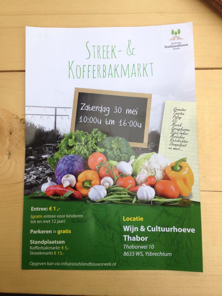 streeksgewijs's tweet photo. Eens echt de streek in? Ga dan zaterdag 30 mei langs bij de streek &amp; kofferbakmarkt van @StadslandbouwSn #markt http://t.co/G7EC7dOP0U
