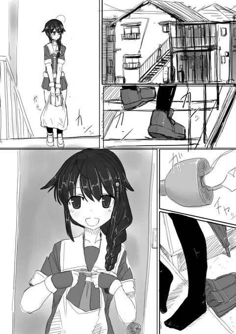 データ漁ってたら見つけた、半年ぐらい前に描いてた時雨ちゃんが提督の住むアパートにご飯を作りに来てくれるという1P漫画。続きは無い 