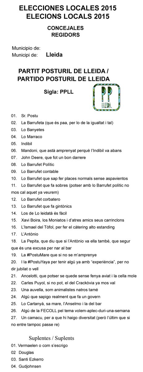 PostureigLleida's tweet photo. Per petició popular, us dixo la butlleta del #PartitPosturil, per si asteu faltats i em voleu votar. A mida real! http://t.co/Kyfgu5HulA