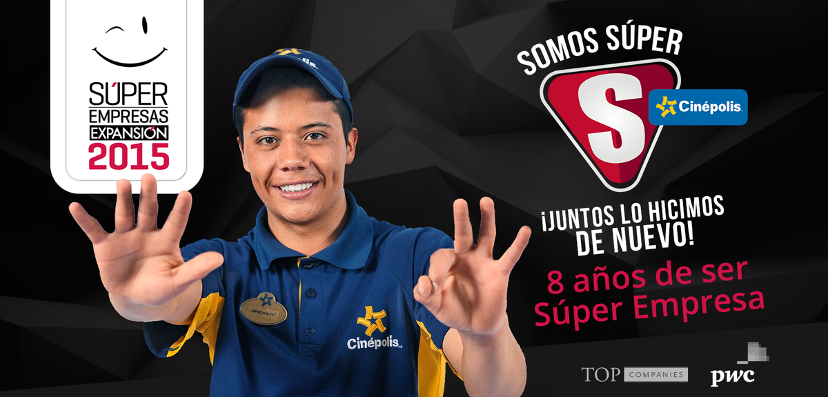 SomosCinepolis's tweet photo. @Cinepolis, por 8° año consecutivo, reconocido como "uno de los lugares donde todos quieren trabajar" #SúperEmpresa http://t.co/U5vyQJwF0a