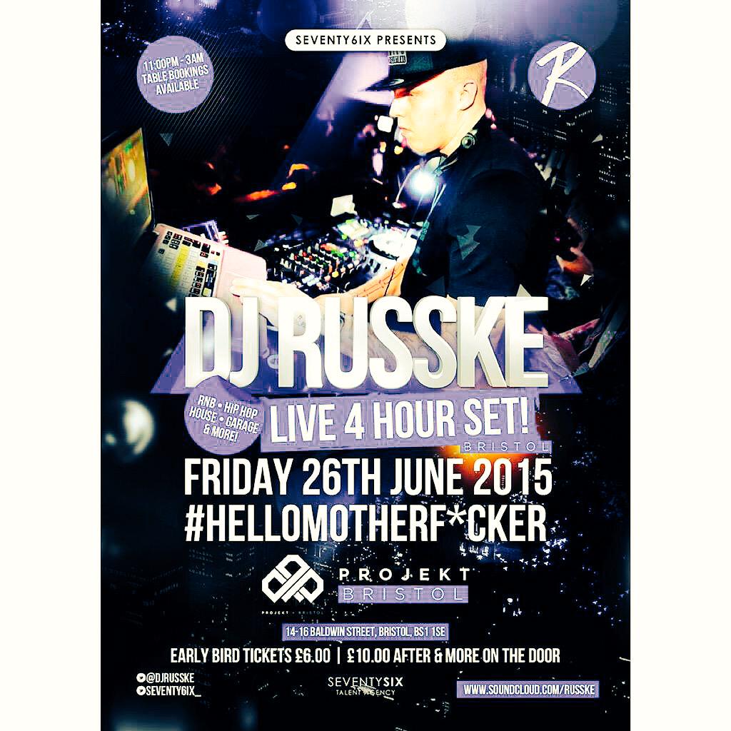 ZiggiWatkins11's tweet photo. My boy @DJRUSSKE back in #Bristol #June @ProjektBristol 26.06.15 #4hrSET #HelloMotherFucker π #IfYouDontKnowGetToKnow http://t.co/rnFq42zUCI