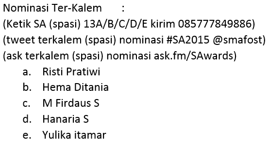 smafost's tweet photo. Dukung siapa sih yang pantas menyandang gelar TerJutek, TerAsik, Terkalem, TerEksis  Smafost Awards 2015 ???? http://t.co/ApJHmlkTEX