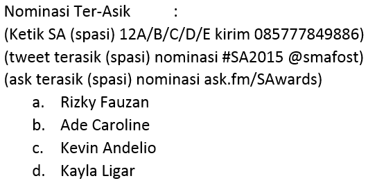 smafost's tweet photo. Dukung siapa sih yang pantas menyandang gelar TerJutek, TerAsik, Terkalem, TerEksis  Smafost Awards 2015 ???? http://t.co/ApJHmlkTEX