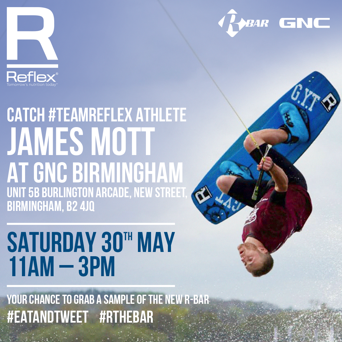 ReflexRBar's tweet photo. @JamesMott91 sampling #RBars at GNC_Birmingham 30/05/15 - If you missed BodyPower you have another chance to #RtheBar http://t.co/JNGnUlyJHB