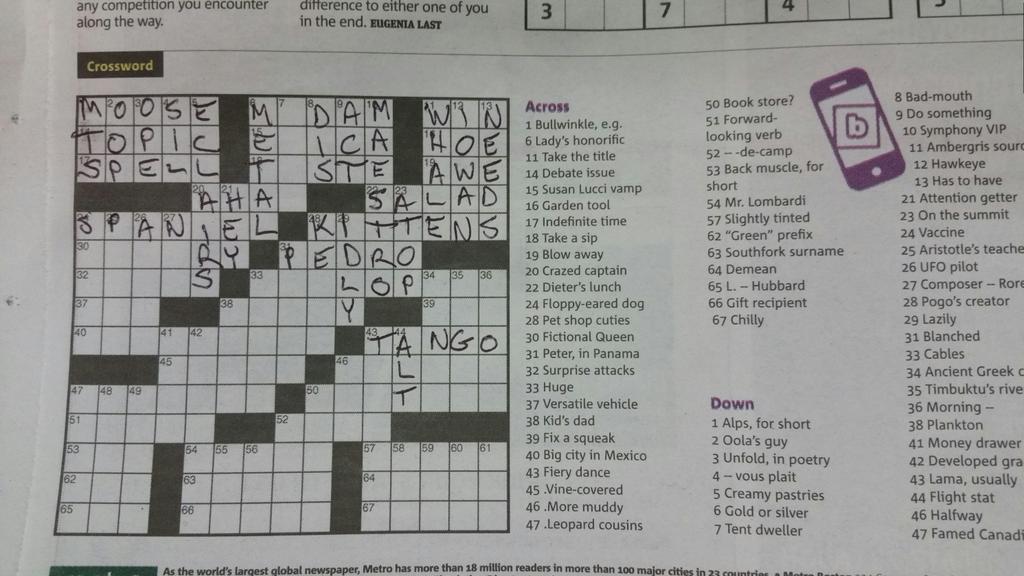 MatHelman's tweet image. Um, @MetroBOS, you should alert your Xword puzzle writer that 7D, "tent dweller" for "ARAB," seems fairly offensive.