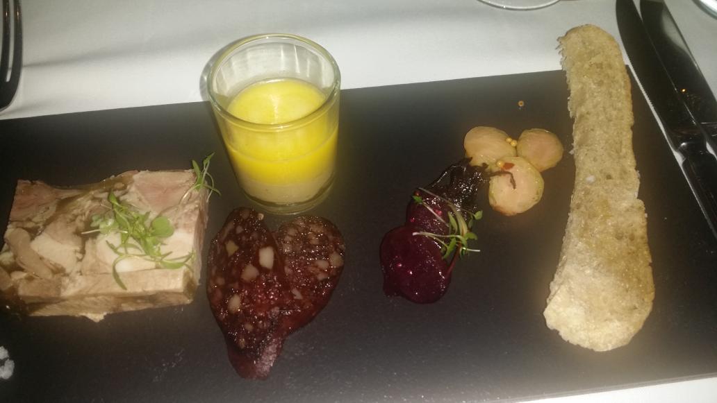 Cossypha's tweet image. Starter course @garth_almazan @CatharinasR Brawn, Black Pud, Parfait, Beets, Brussels