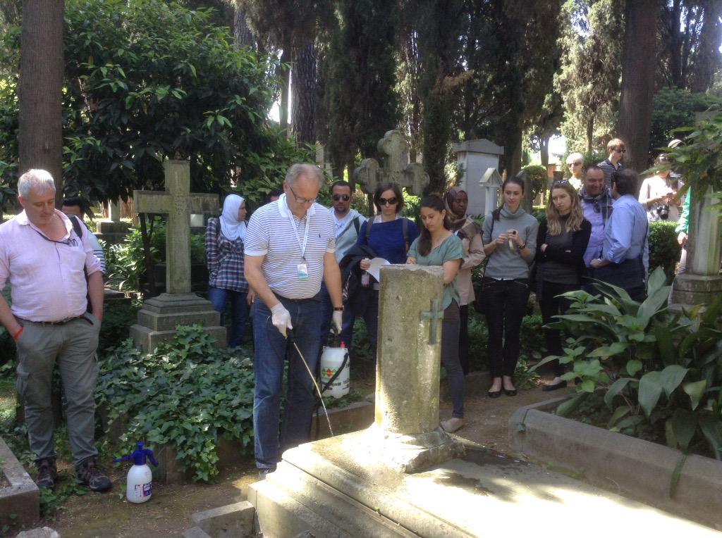 BelottiSere's tweet photo. Biocide treatment at the Non-Catholic cemetery with geomicrobiologist Dr. Thomas Warscheid #stonecourse #ICCROM http://t.co/Ku7kCGrd6g
