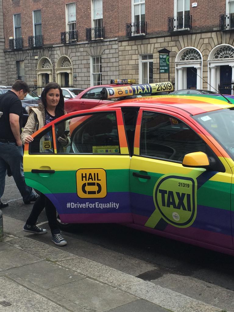 zinmobi's tweet photo. Our Nicola hopping in a #RainbowTaxi with @HailoIreland to get her #hometovote in Tralee today. #DriveForEquality http://t.co/jl2lAGtndu