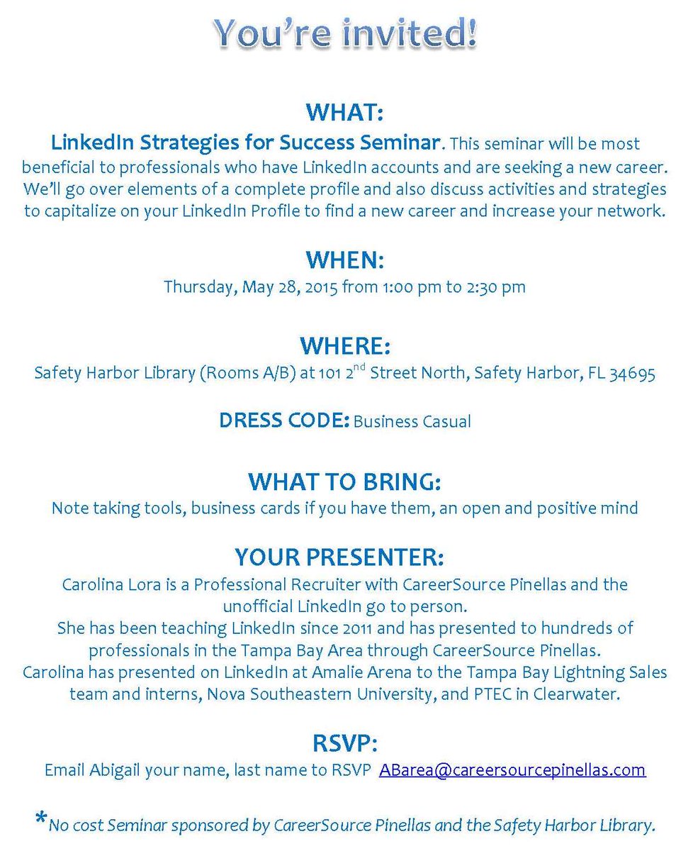 CarolinaLoraFL's tweet photo. @CSPinellas @SafetyHarborLib @PinellasBiz No cost #LinkedInclass May 28 at the Safety Harbor Library http://t.co/yFPGE7AHjc