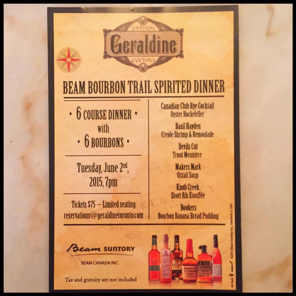 Our #spiriteddinner with #bourbon legend <a href="/Whisky_Chef/">Matt Jones</a> of <a href="/JimBeam/">Jim Beam</a> is coming up. Join us! info@geraldinetoronto.com