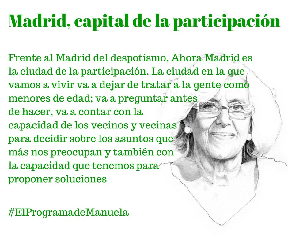 madconmanuela's tweet photo. Madrid, capital de la participación #elprogramademanuela #AhoraMadrid #ManuelaAlcaldesa #24M http://t.co/c21BfHLiHU