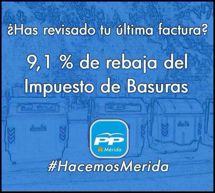 PPMerida's tweet photo. ¿Has revisado tu última factura? 9,1% de rebaja del Impuesto de Basuras #HacemosMerida http://t.co/GCmzUtVBZe