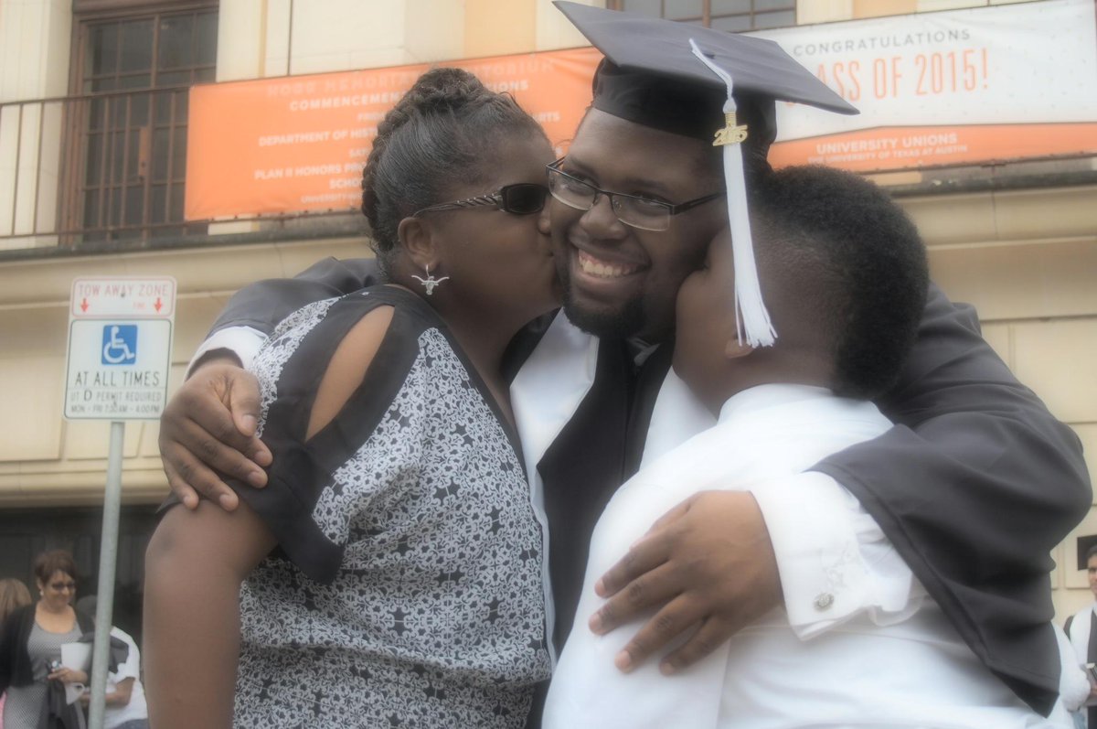 UTAustin's tweet image. Graduates Rachel Di Santo and Gary Scales celebrate after the Dept. of History convocation. #UTgrad #HookEm