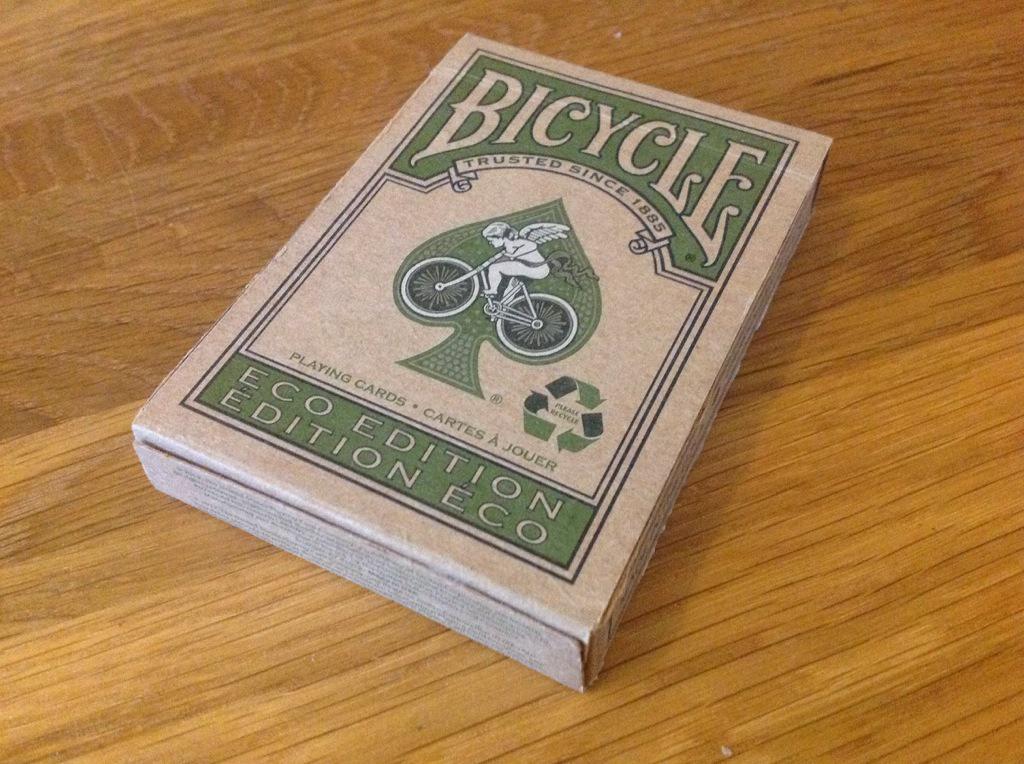 ACF_Cardistry's tweet photo. Bicycle Eco edition, these are made of 100% recycled paper. This deck has a green pip to replace the red, re-tweet :) http://t.co/Ps1fZPnMsZ