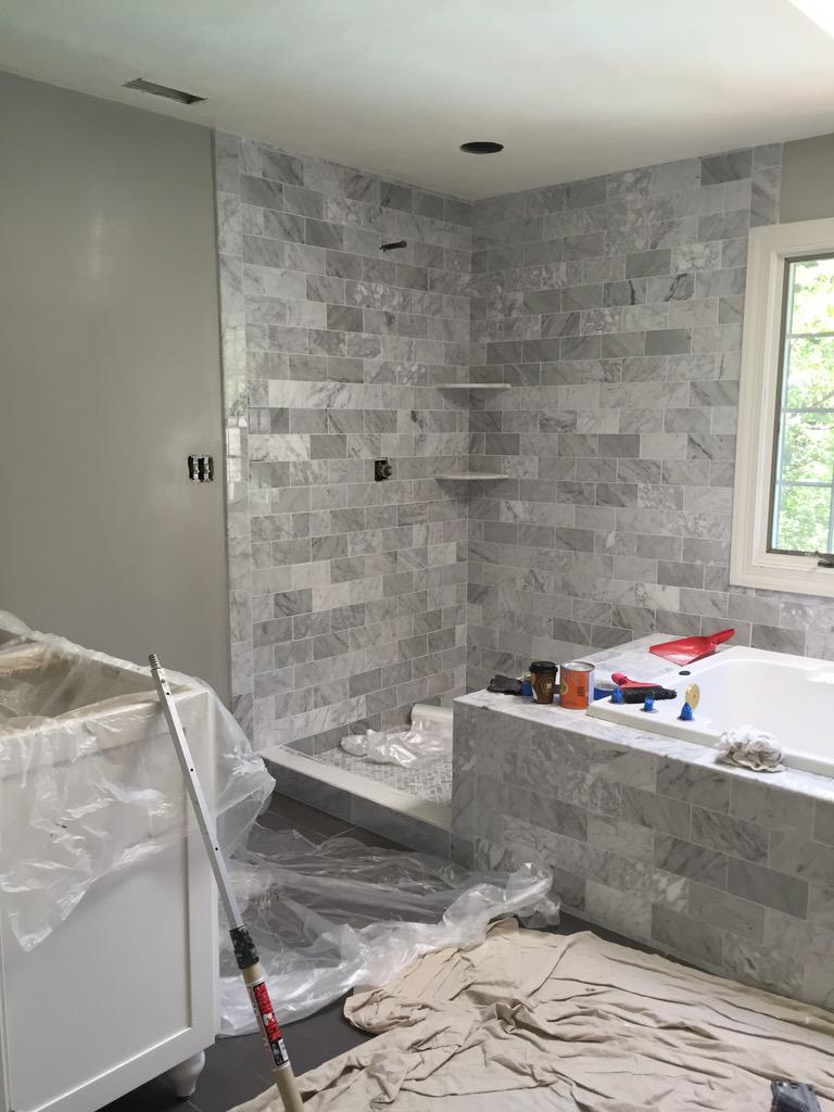 BellConstruc's tweet image. Grouting and paint finished. Next up is frameless glass for the shower. #remodel #masterbath