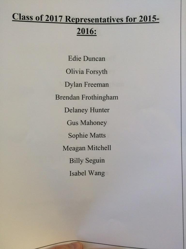 SHHS2015's tweet photo. List of representatives for next year. Congrats to all those elected! http://t.co/CgmAeoh8eY