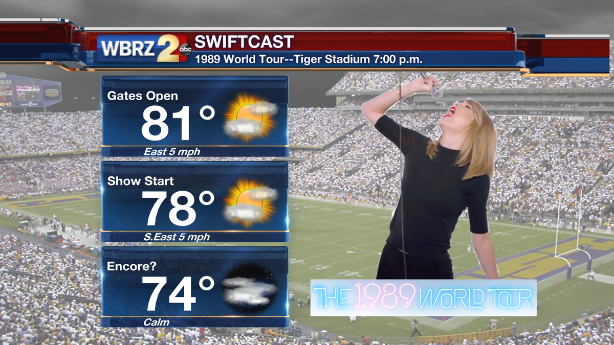 DrRGIII's tweet photo. Going to the @taylorswift13 concert tonight? Here is your exclusive #Swiftcast from the @WBRZ Weather Team: http://t.co/0NHHsLBDqX