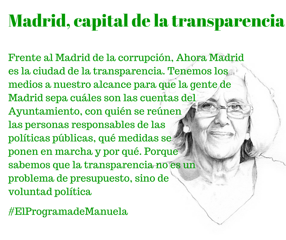 madconmanuela's tweet photo. Madrid, de reino de la corrupción a capital de la transparencia #elprogramademanuela #AhoraMadrid #ManuelaAlcaldesa http://t.co/6LkutCU2WK