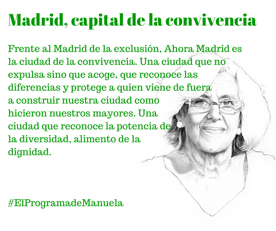 madconmanuela's tweet photo. De la ciudad de la exclusión al Madrid de la convivencia #elprogramademanuela #AhoraMadrid #ManuelaAlcaldesa #24M http://t.co/tN8zo1HGqW